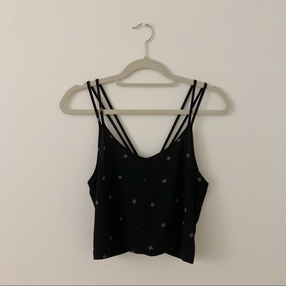 Multi-strapped black tank top with cross print